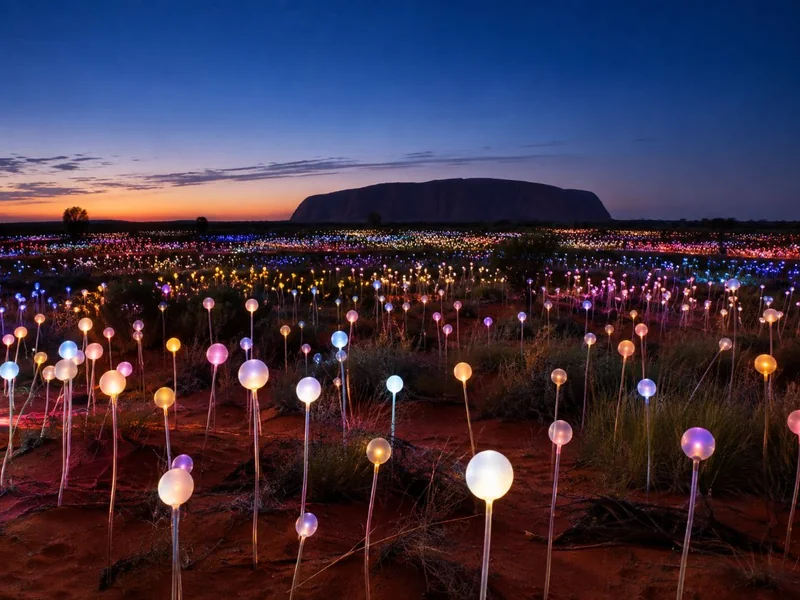 Field of Light all'alba con bevande calde
